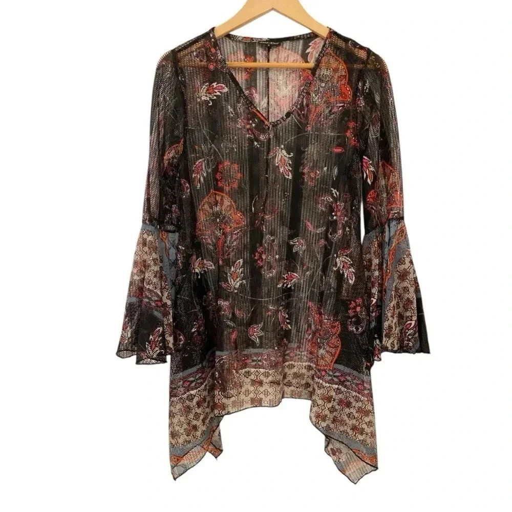 Dor Dor Couture Womens Mesh Sheer Bell Sleeve Tunic - Picture 5 of 7